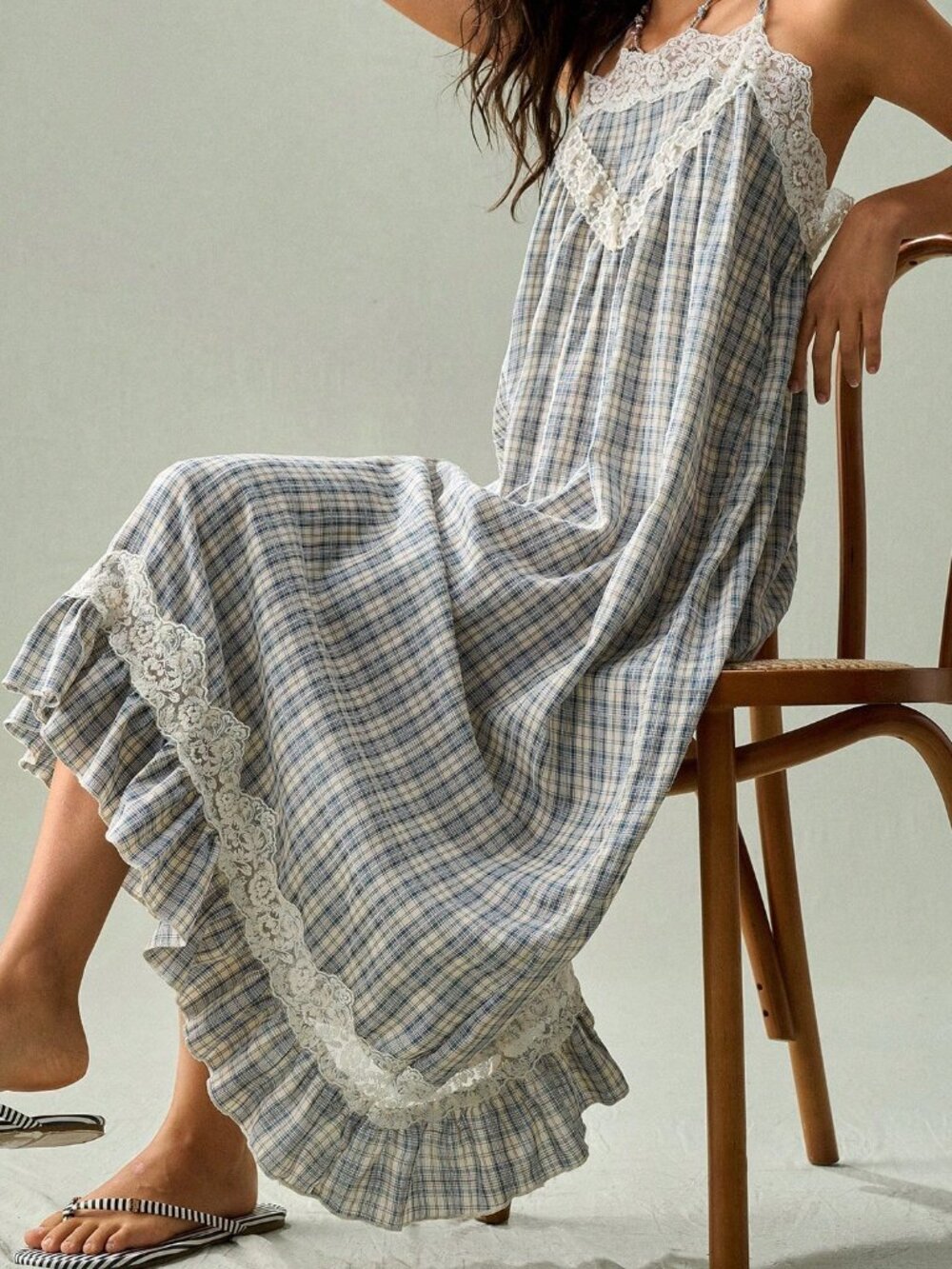Blue Casual Women's Cottage Core Boho Plaid Lace Spaghetti Strap Dress